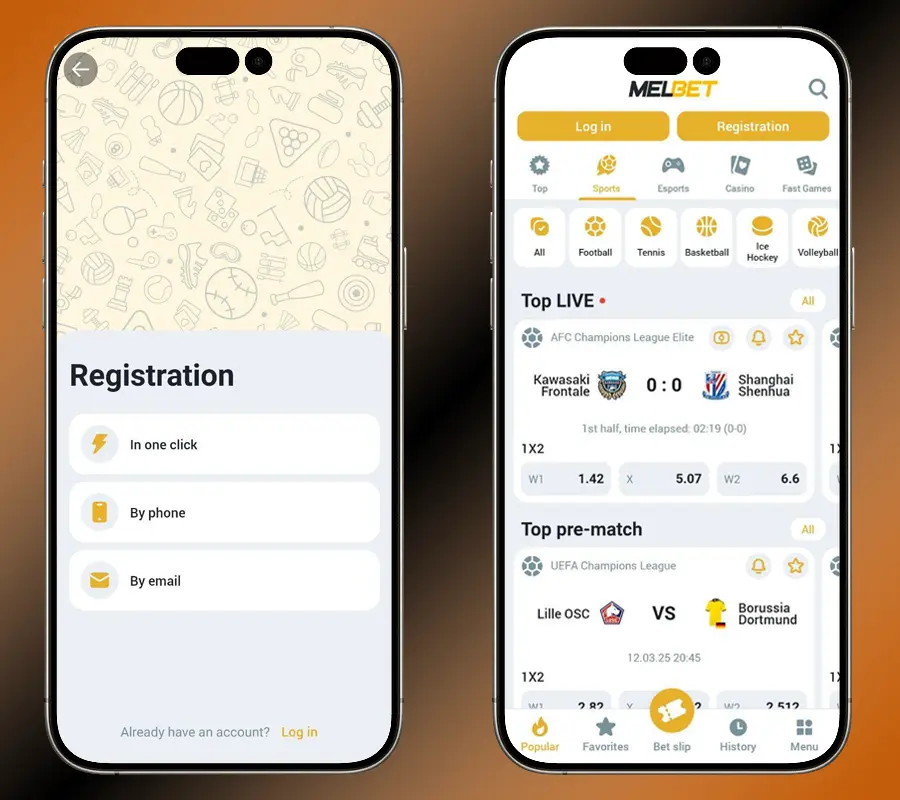 MelBet kayıt ekranı ve uygulama arayüzü