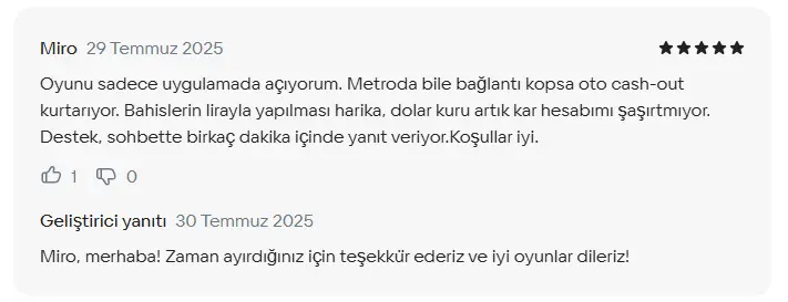 MelBet Aviator oyunu hakkında oyuncu yorumu ve geliştirici cevabı