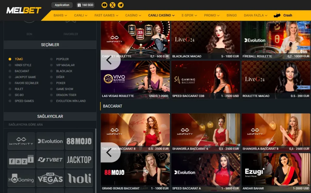 Melbet canlı casino oyunları
