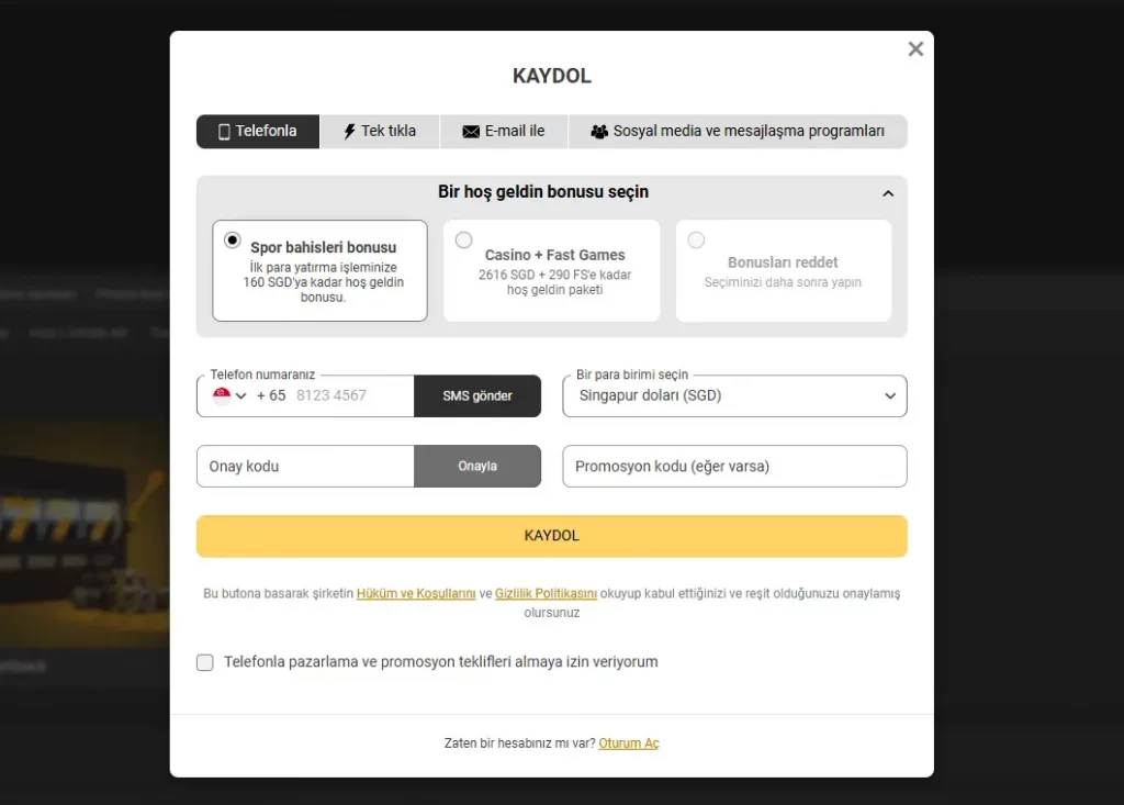 Melbet casino kayıt ekranı