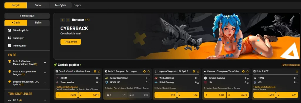 Melbet e-spor bahis ekranı
