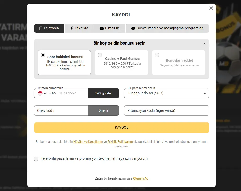 Melbet kayıt ve bonus ekran