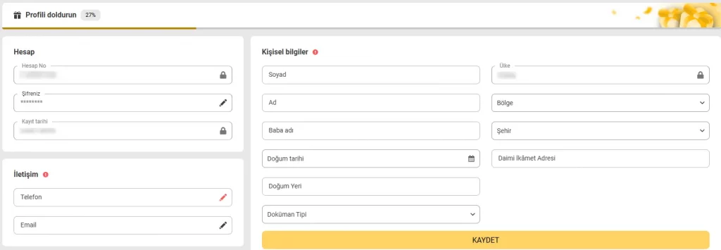 Melbet profil doldurma ekranı