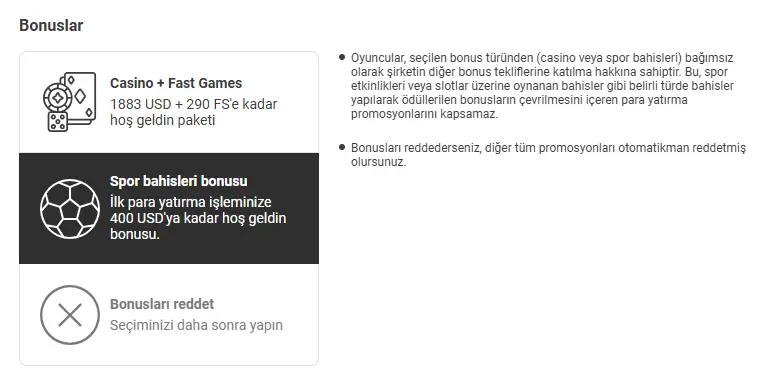 Melbet bonus seçimi ekranı