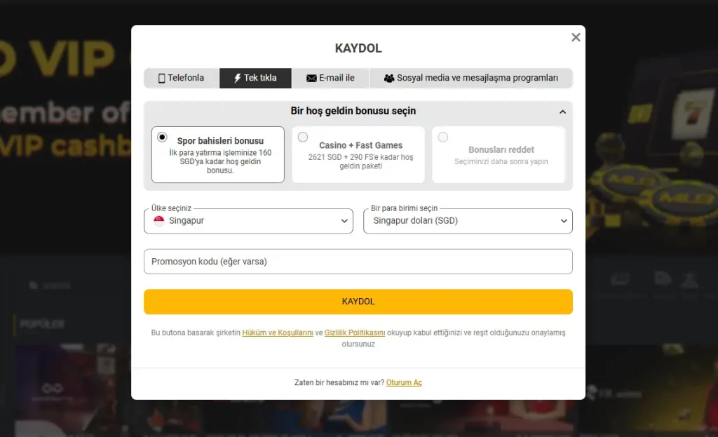 MelBet kayıt formu ekranı