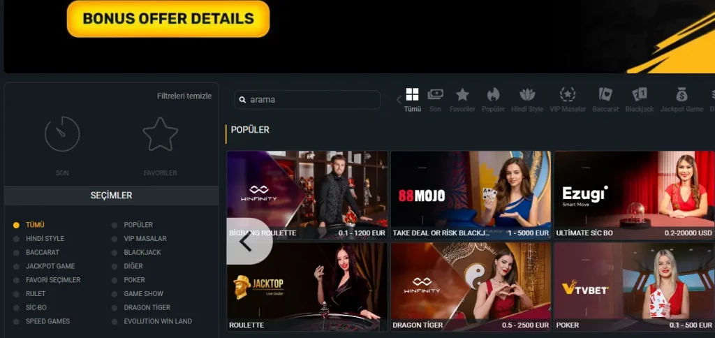 MelBet canlı casino oyun seçimi