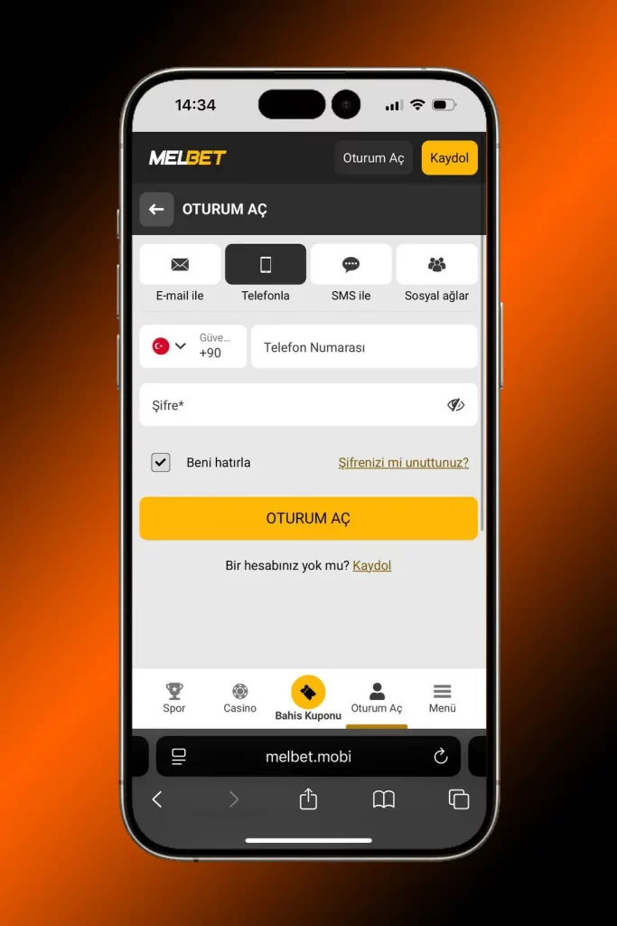 MelBet mobil web giriş ekranı