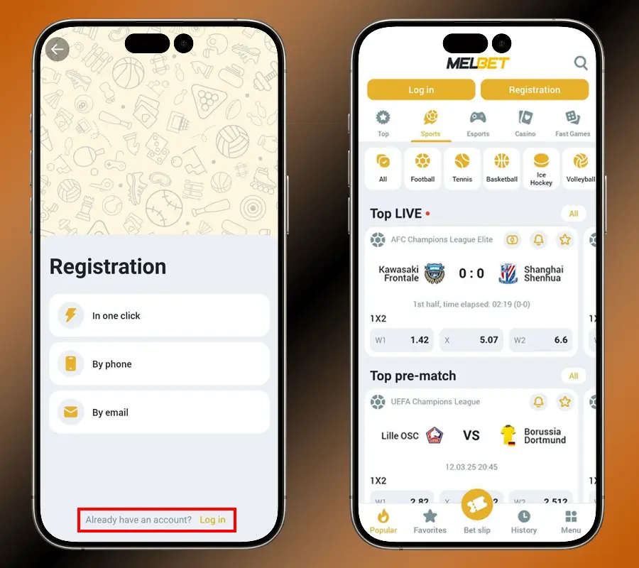 MelBet mobil uygulama kayıt ve ana ekranı
